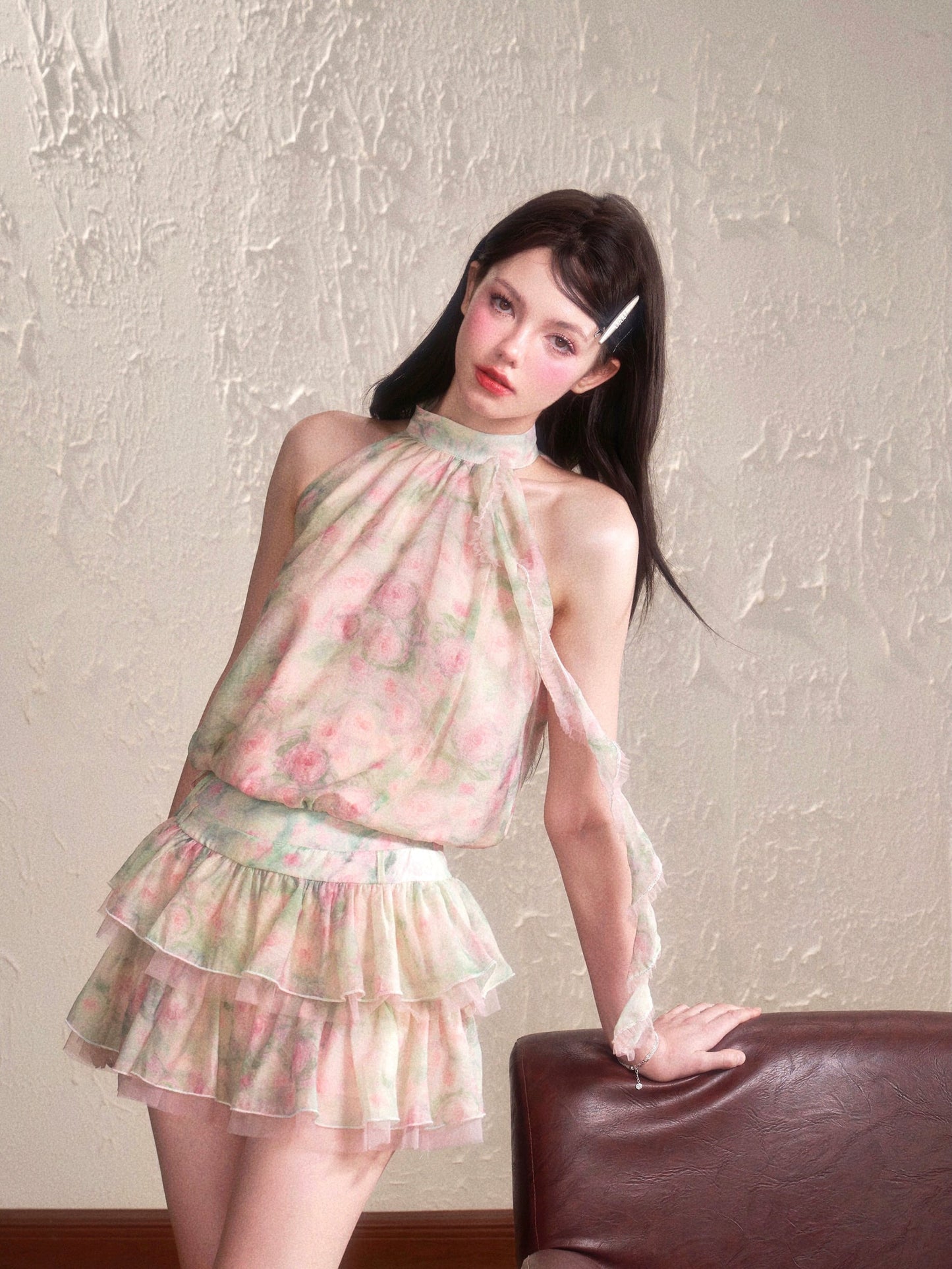 Gentle Style Dreamy Floral Design Sleeveless Halter Neck Chiffon Vest Dress