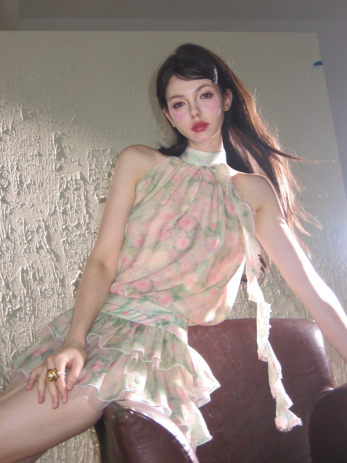 Gentle Style Dreamy Floral Design Sleeveless Halter Neck Chiffon Vest Dress