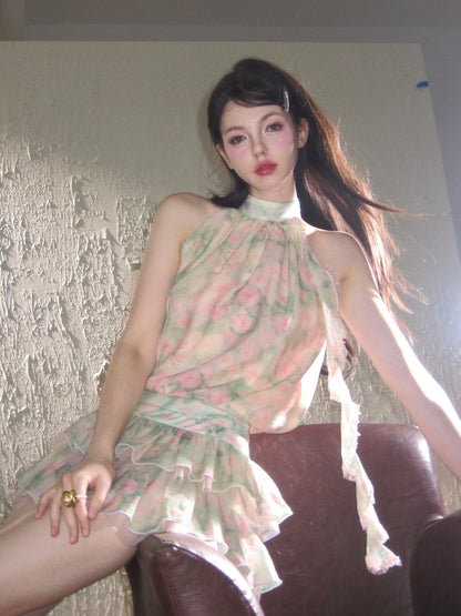 Gentle Style Dreamy Floral Design Sleeveless Halter Neck Chiffon Vest Dress