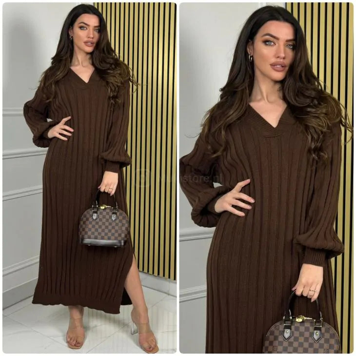 Knitted V - Neck Long Ribbed Double Slit Dress