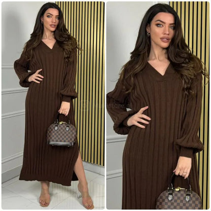 Knitted V - Neck Long Ribbed Double Slit Dress