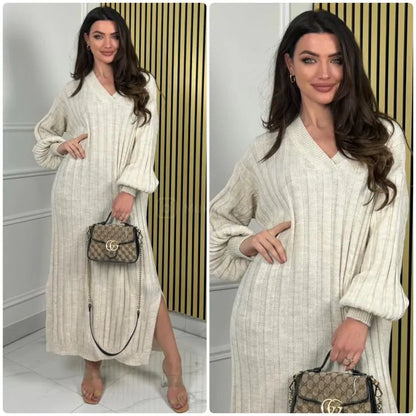 Knitted V - Neck Long Ribbed Double Slit Dress