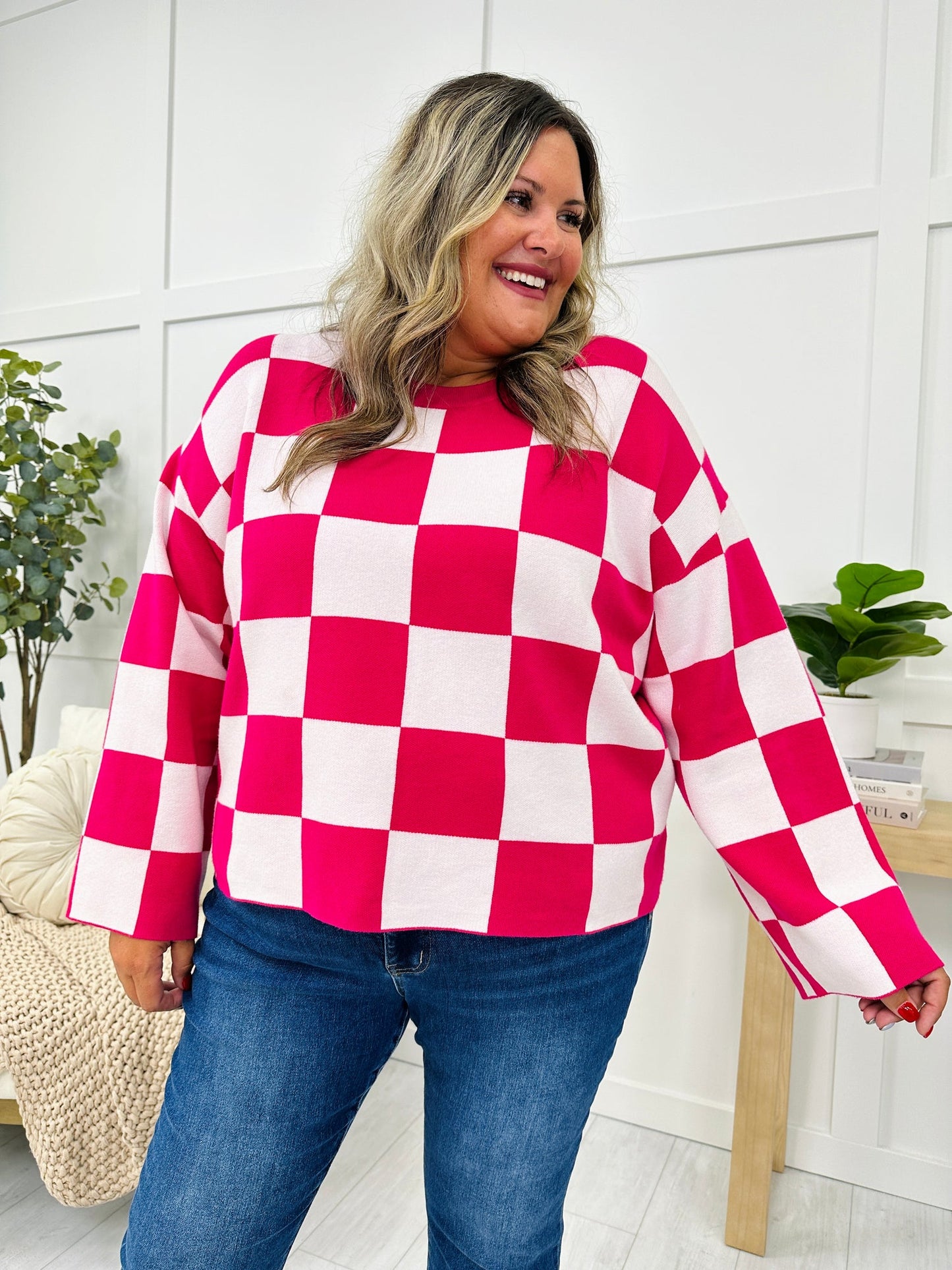 New Women's Loose Sweater Checkerboard Print Long Sleeve Pullover