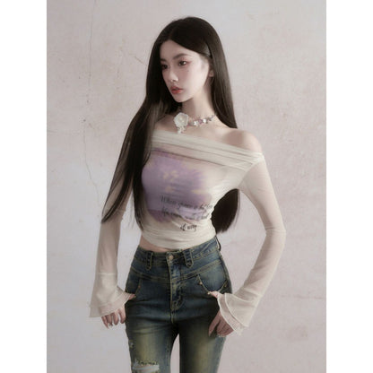Retro Butterfly Tie-Dye One Shoulder Slim Fit Long Sleeve Short T-Shirt Women