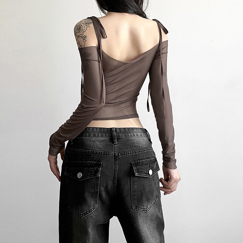 New Women's Clothing Hot Girl One-Shoulder Raglan Sleeves Long Sleeves Waist Exposed Navel Slim T-shirt