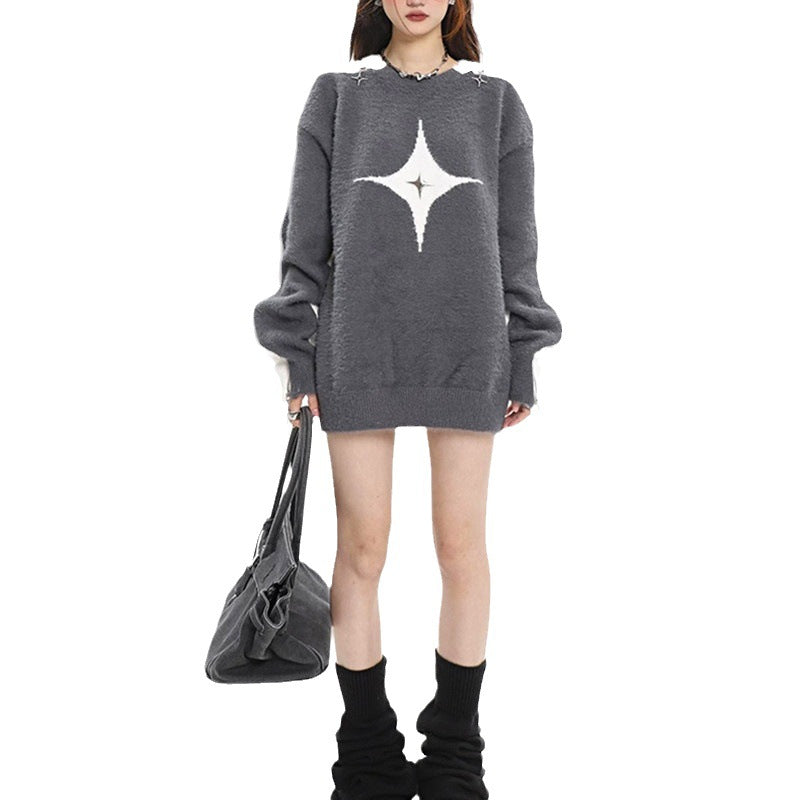 New Autumn and Winter Contrast Color Hollow Star Design Hot Girl One-Shoulder Sweater for Women