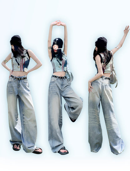 Women's Street Hip-hop Distressed Washed Light-colored Scratched Vintage Jeans