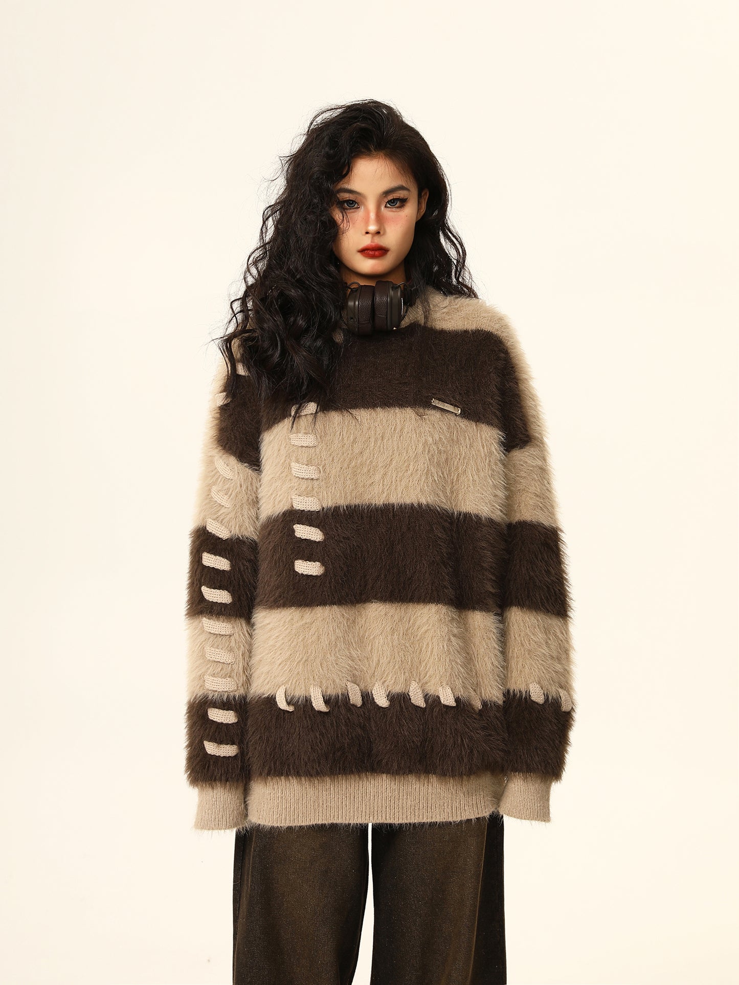 Autumn and Winter Loose Design Lazy Striped Mink Sweater for Women