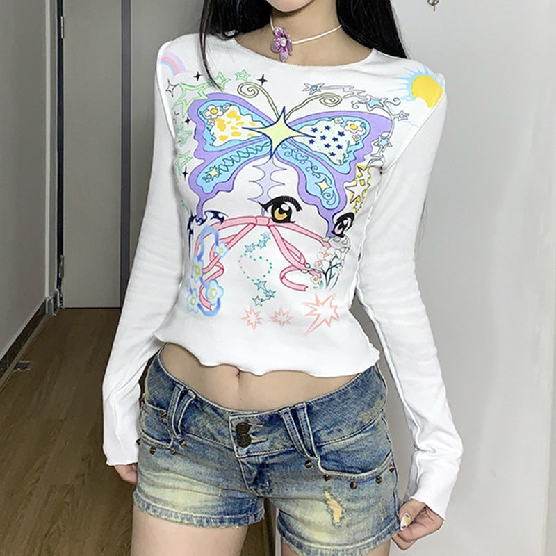 Round Neck Long Sleeve Cute Pattern T-shirt Casual Retro Top Harajuku Millennial Style