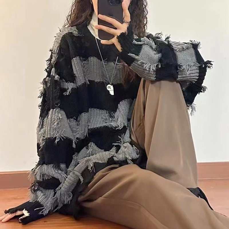 New Autumn And Winter Lazy Style Loose Tassel Sweater Women's Top Striped Round Neck