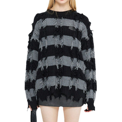 New Autumn And Winter Lazy Style Loose Tassel Sweater Women's Top Striped Round Neck