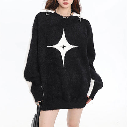 New Autumn and Winter Contrast Color Hollow Star Design Hot Girl One-Shoulder Sweater for Women