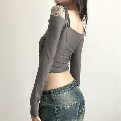 New Women's Clothing Hot Girl One-Shoulder Raglan Sleeves Long Sleeves Waist Exposed Navel Slim T-shirt