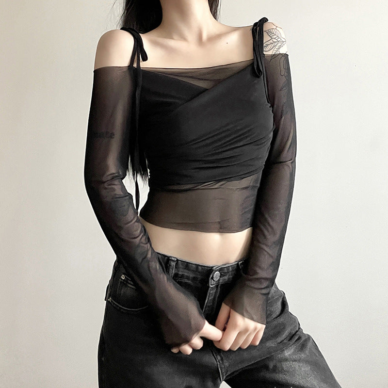 New Women's Clothing Hot Girl One-Shoulder Raglan Sleeves Long Sleeves Waist Exposed Navel Slim T-shirt