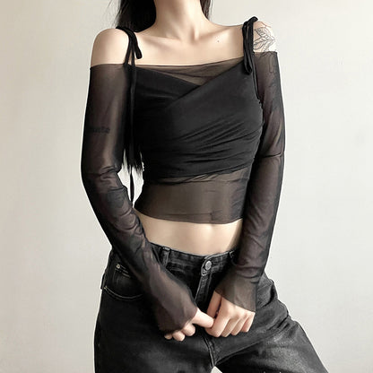 New Women's Clothing Hot Girl One-Shoulder Raglan Sleeves Long Sleeves Waist Exposed Navel Slim T-shirt