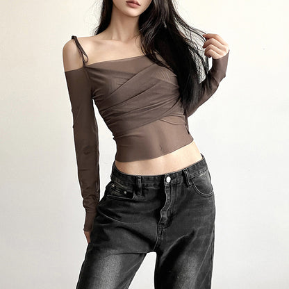 New Women's Clothing Hot Girl One-Shoulder Raglan Sleeves Long Sleeves Waist Exposed Navel Slim T-shirt