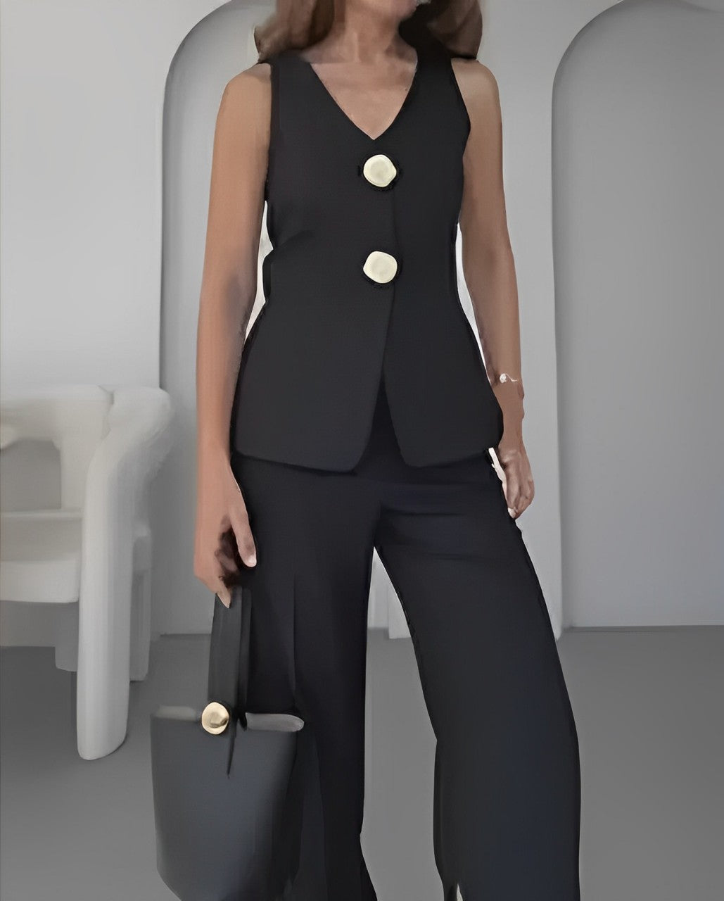 Solid Color Elegant Sleeveless Vest & Suit Pants Two-Piece Set